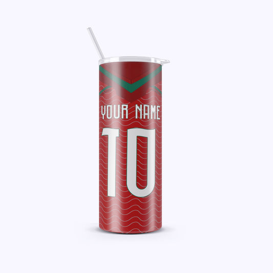 Red tumbler with white text and design on a white background