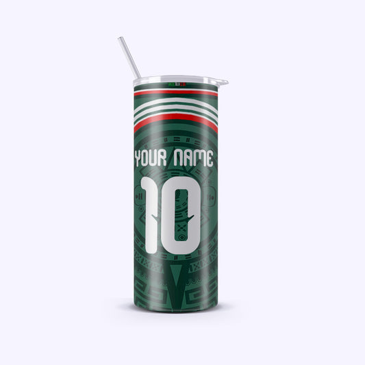 Green tumbler with red and white accents on a white background