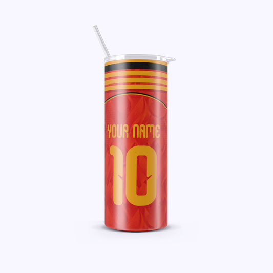 Red tumbler with yellow number 10 and black stripe on a white background
