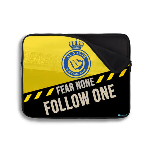 Laptop sleeve with Al Nassr FC logo and text on a white background