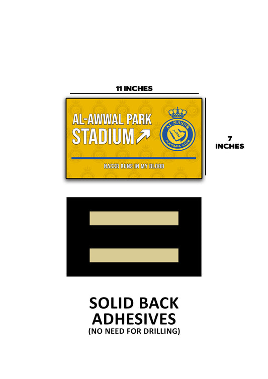 Stadium banner with measurements and adhesive information on a white background