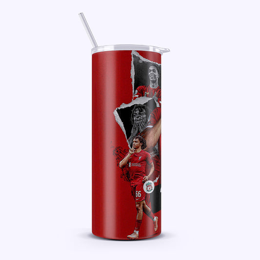 Red tumbler with soccer player images on a white background