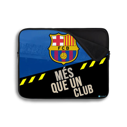 Laptop sleeve with FC Barcelona logo and 'Més que un club' text on a white background