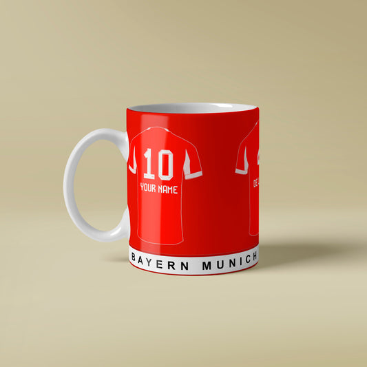 Red mug with Bayern Munich soccer jersey design on a beige background