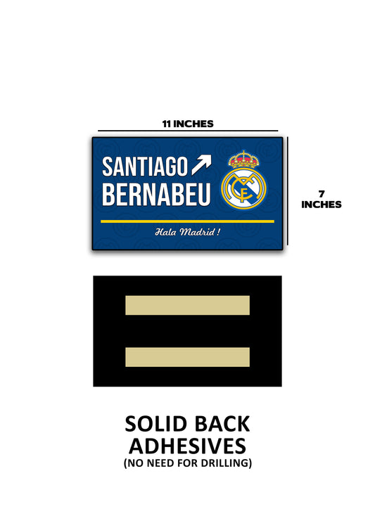 Real Madrid logo with dimensions and adhesive information on a white background