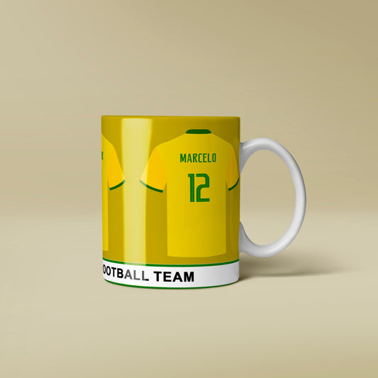Mug designed like a football jersey with a yellow background and text.