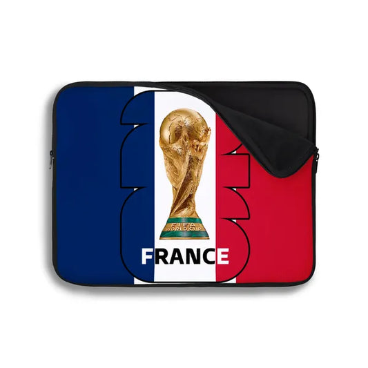 Laptop sleeve with French flag design and World Cup trophy