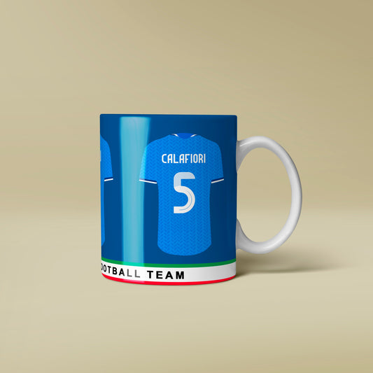 Mug with a design of a football jersey on a beige background