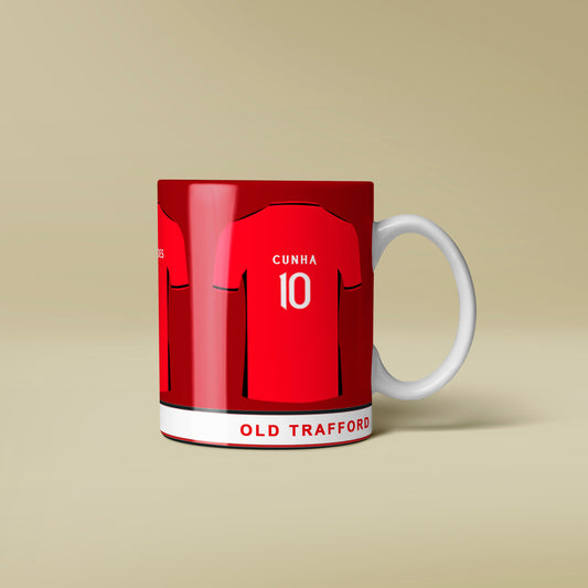 Mug with a red sports jersey design on a beige background