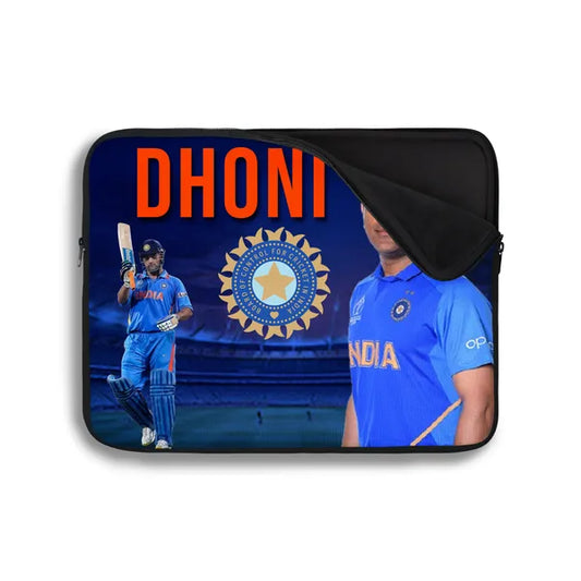 Laptop sleeve with images of a cricketer and the Indian flag, featuring the word 'DHONI'.