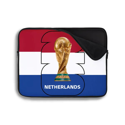 Laptop sleeve with Netherlands flag design and World Cup trophy on a white background