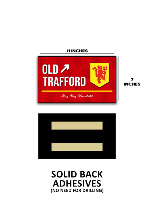 Two adhesive signs with Manchester United logo and text on a white background