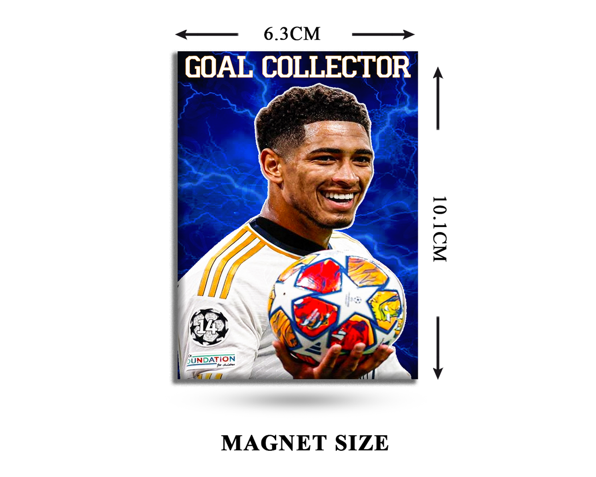 Magnet size chart with a soccer player holding a ball on a blue background