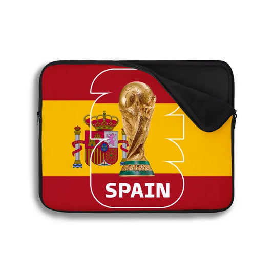 Laptop sleeve with Spanish flag and World Cup trophy design on a white background