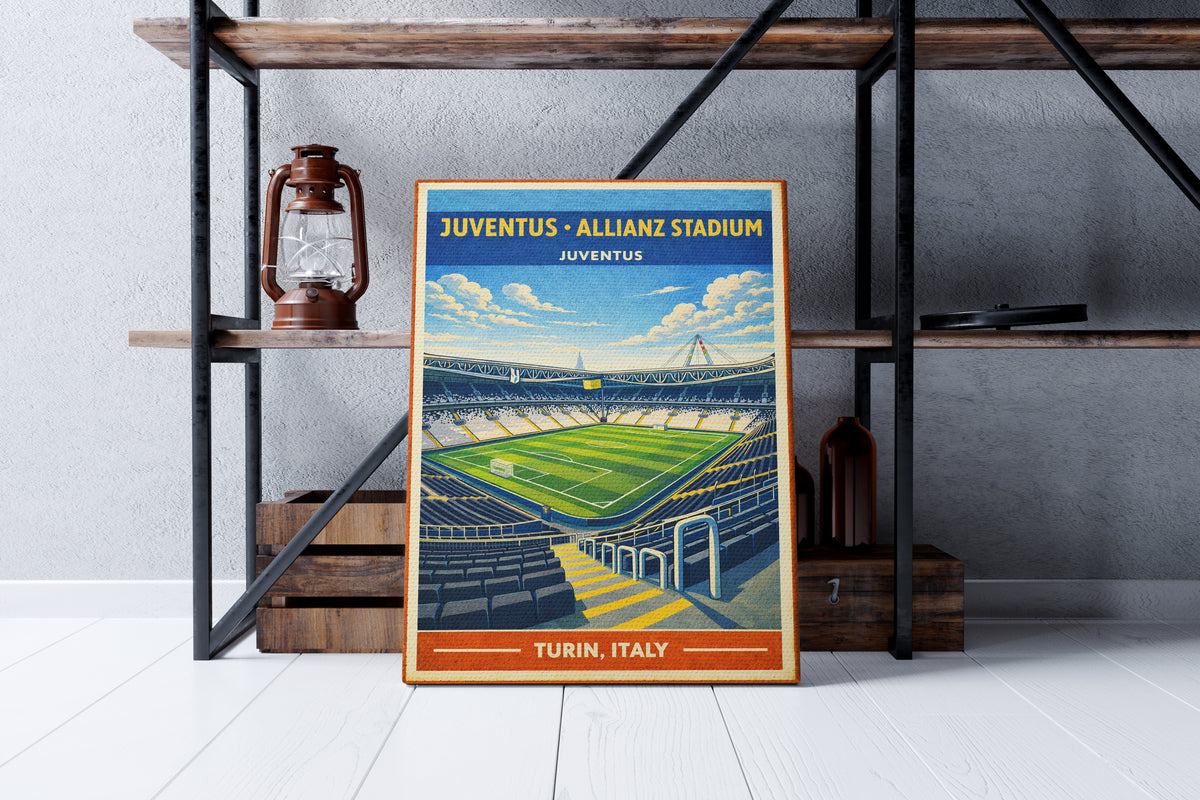 Framed poster of Juventus Allianz Stadium in Turin, Italy on a shelf.