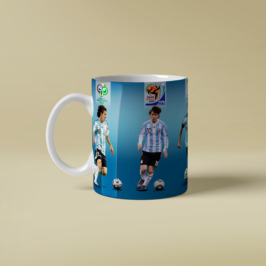 Mug with soccer-themed design featuring a player and ball on a beige background