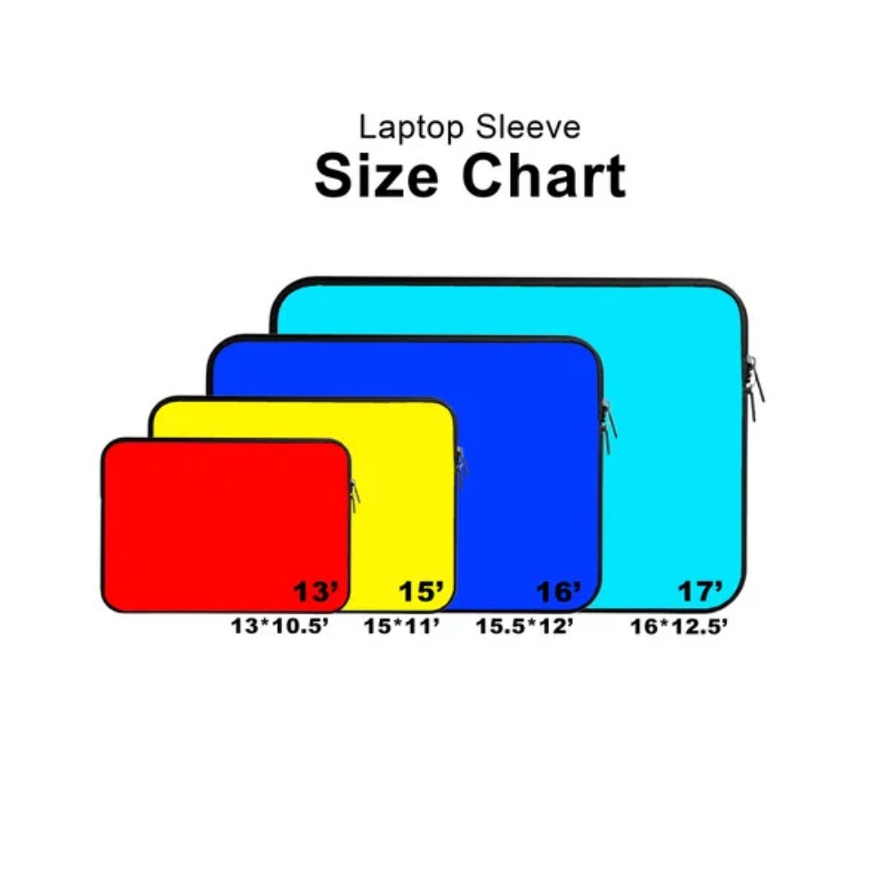 Laptop sleeve size chart with four different sizes on a white background