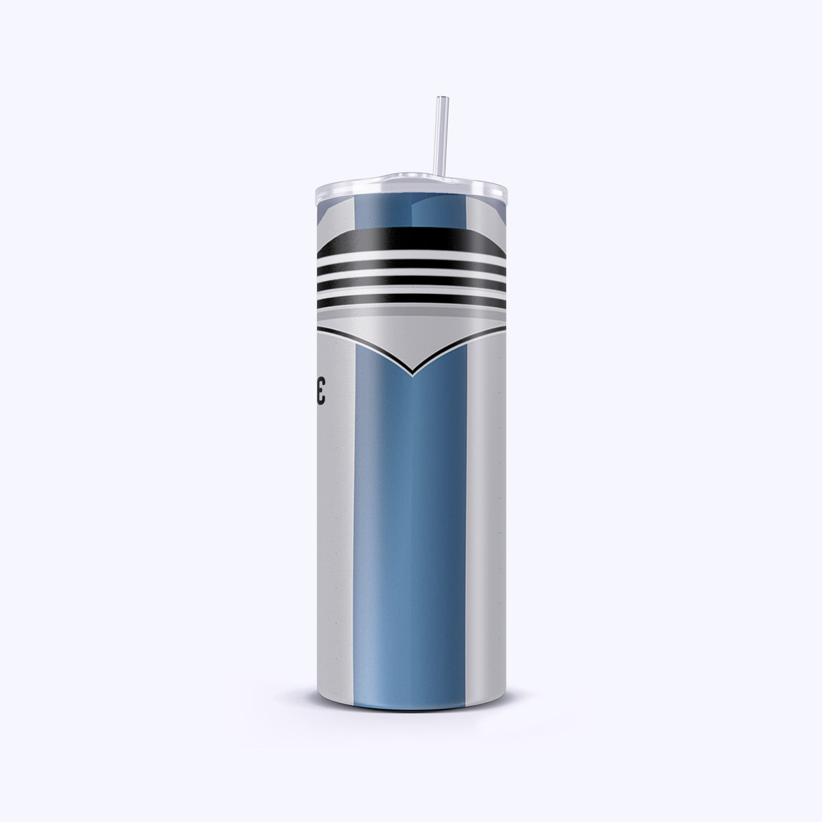 Tumbler with blue and silver design on a white background
