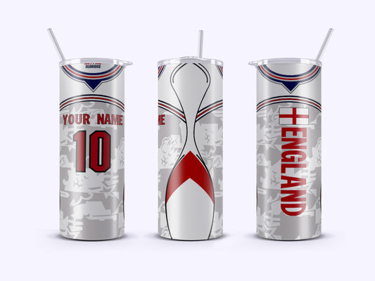 Three cylindrical tumblers with sports-themed designs on a white background