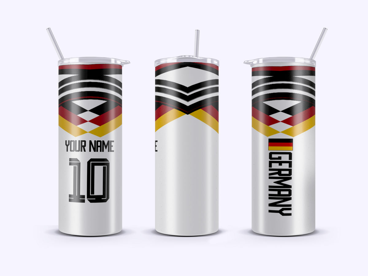 Three tumblers with German flag design and customizable text on a white background