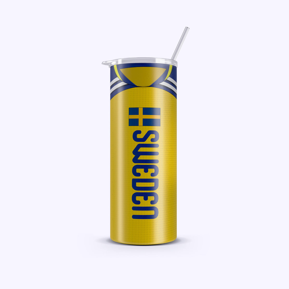 Yellow tumbler with 'Sweden' text on a white background