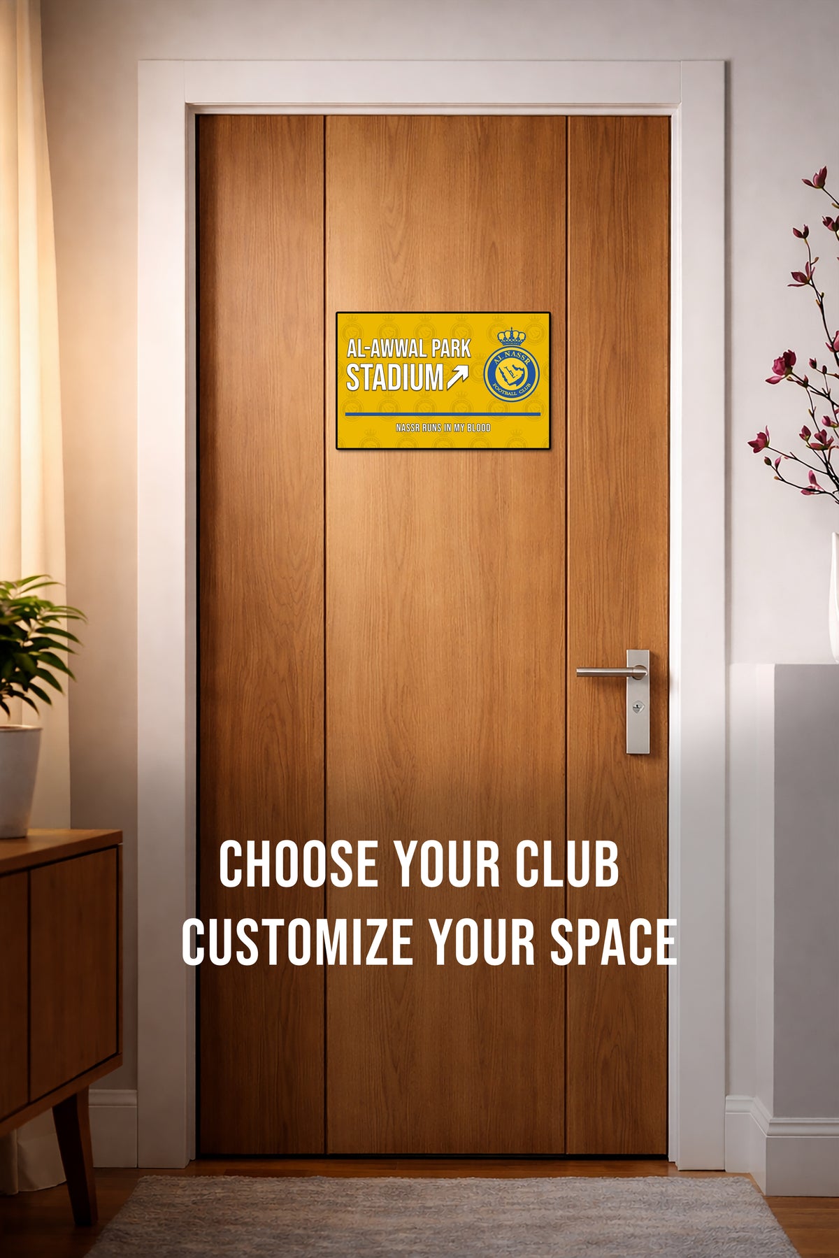 Wooden door with a club logo and text 'Choose your club, customize your space' in a room setting.
