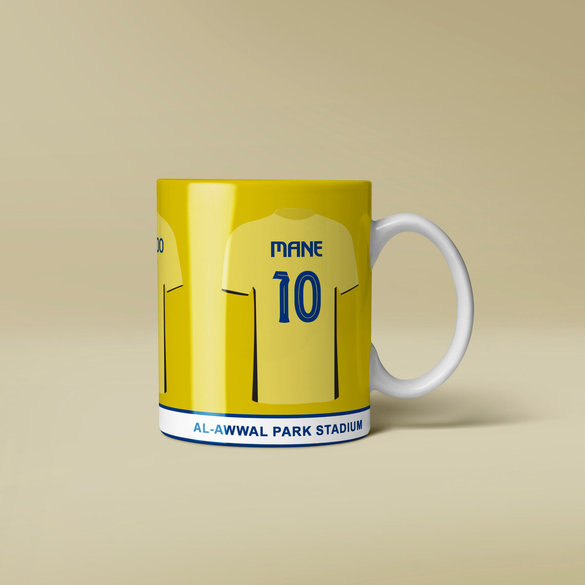 Mug with a yellow sports jersey design featuring the number 10 on a beige background
