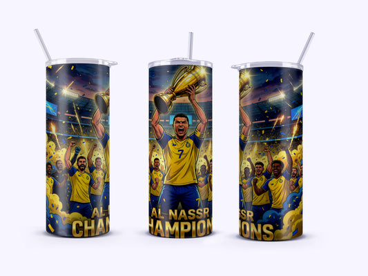 Tumbler with sports-themed design featuring athletes and 'World Champs' text on a white background