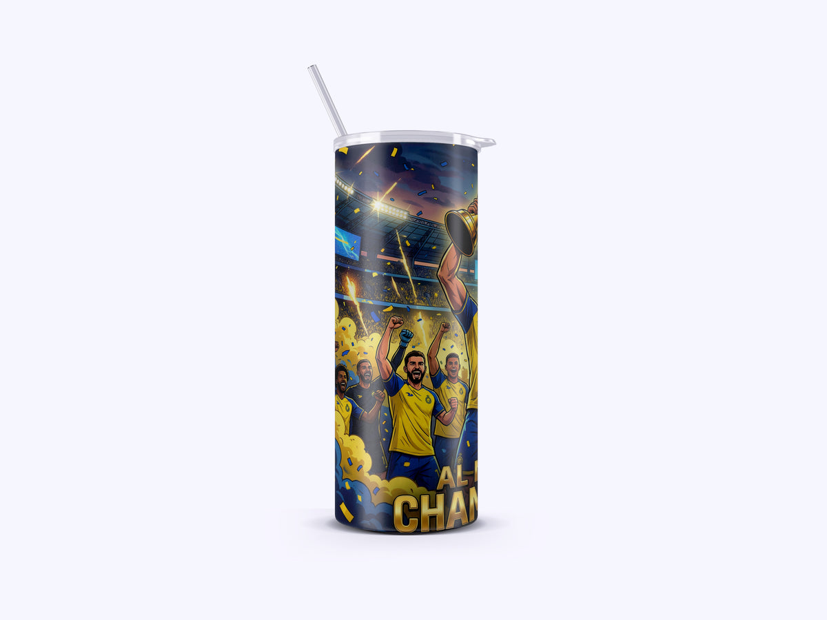 Tumbler with sports-themed design on a white background