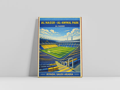 Poster of Al Nassr Al-Awwal Park with stadium illustration on a gray background