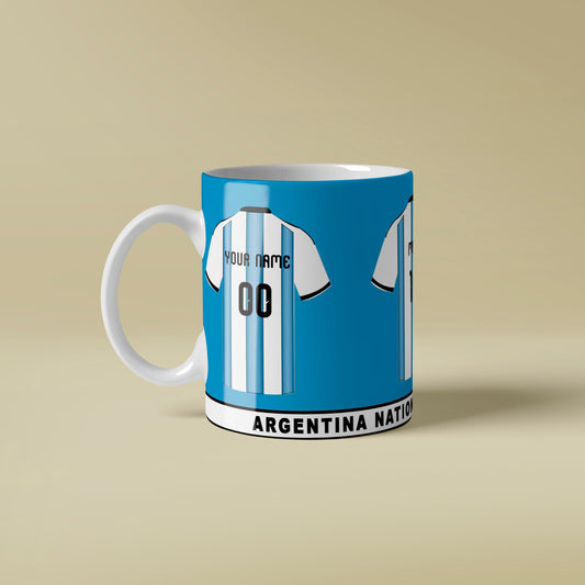 Mug with Argentina national team jersey design on a beige background