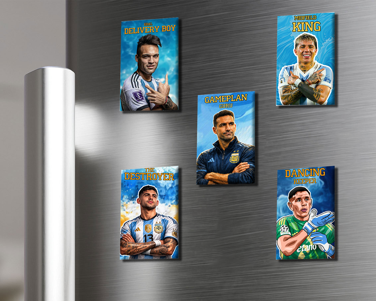 Five colorful posters of a person on a metallic surface