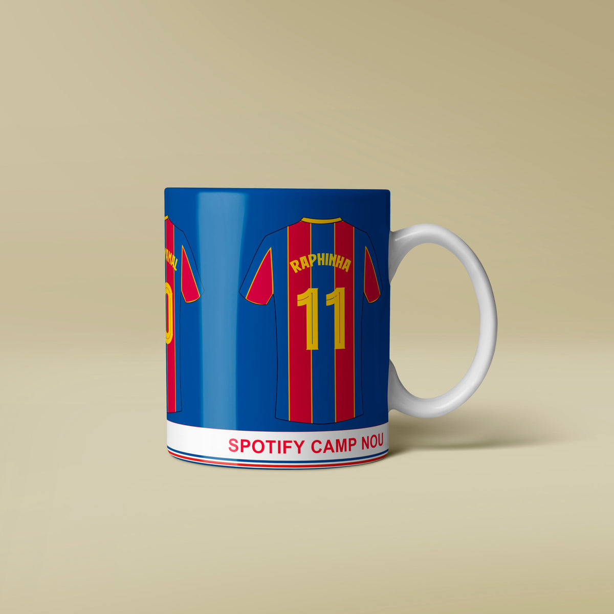 Mug with sports jersey design and 'Spotify Camp Nou' text on a beige background