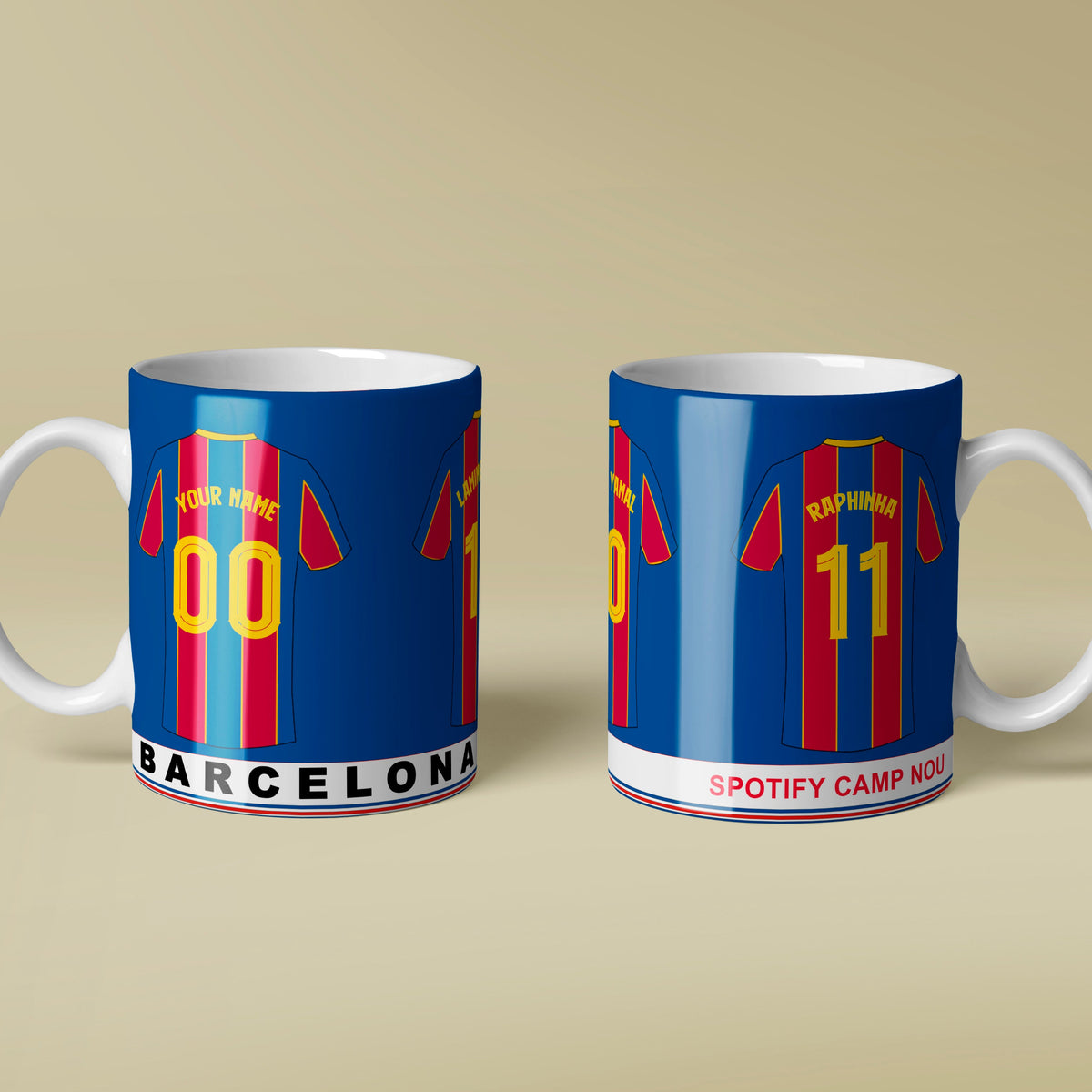 Two mugs with Barcelona football club design on a beige background