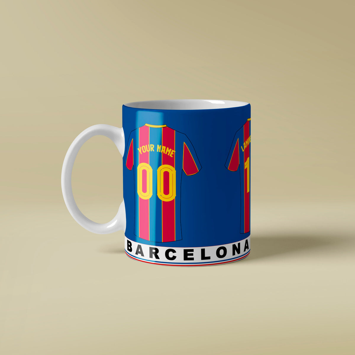 Mug with Barcelona football club colors and branding on a beige background