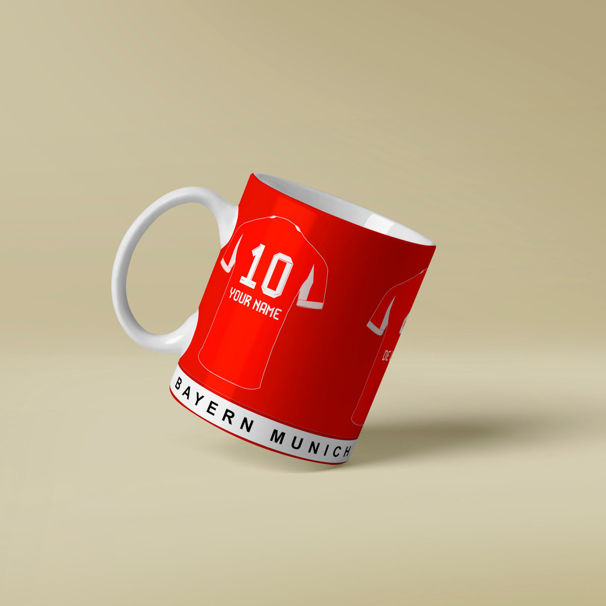 Red mug with white text on a beige background