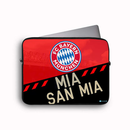 Laptop sleeve with FC Bayern München logo and 'MIA SAN MIA' text on a red and black background