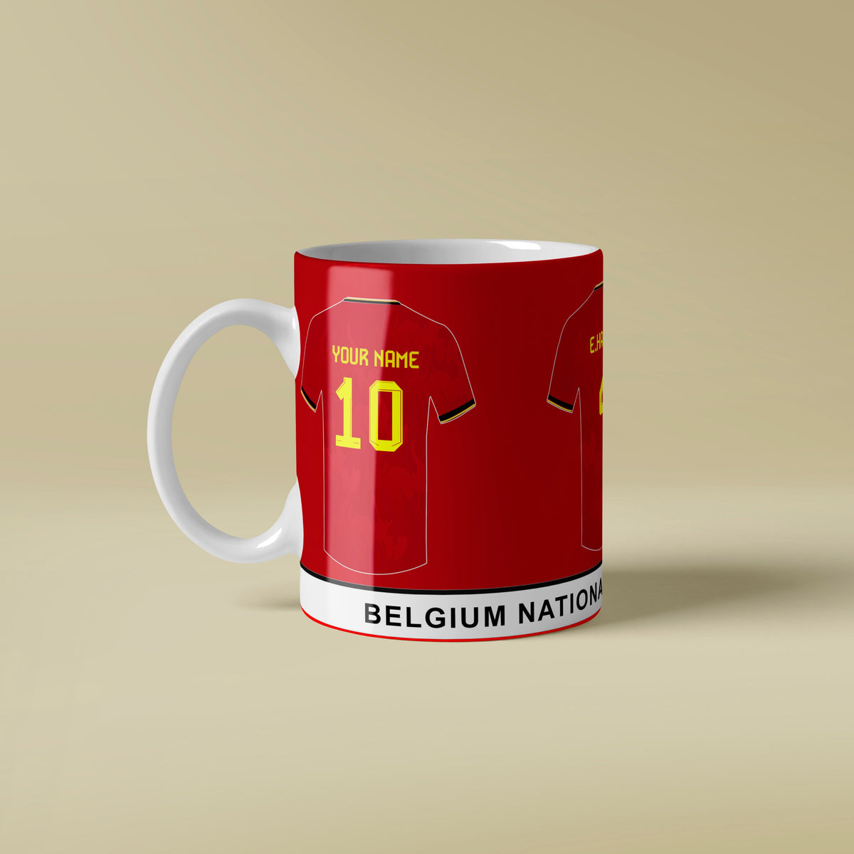 Red mug with Belgium national team design on a beige background