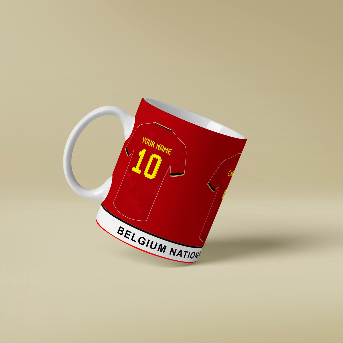 Red mug designed like a Belgium national team jersey on a beige background