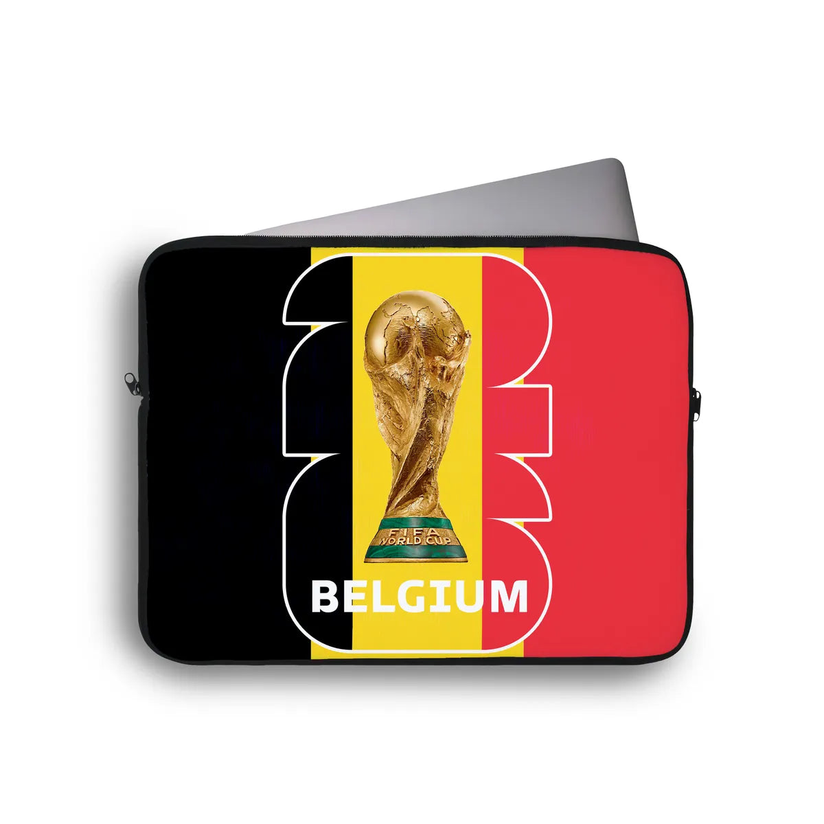 Laptop sleeve with World Cup trophy and Belgium flag design on a white background