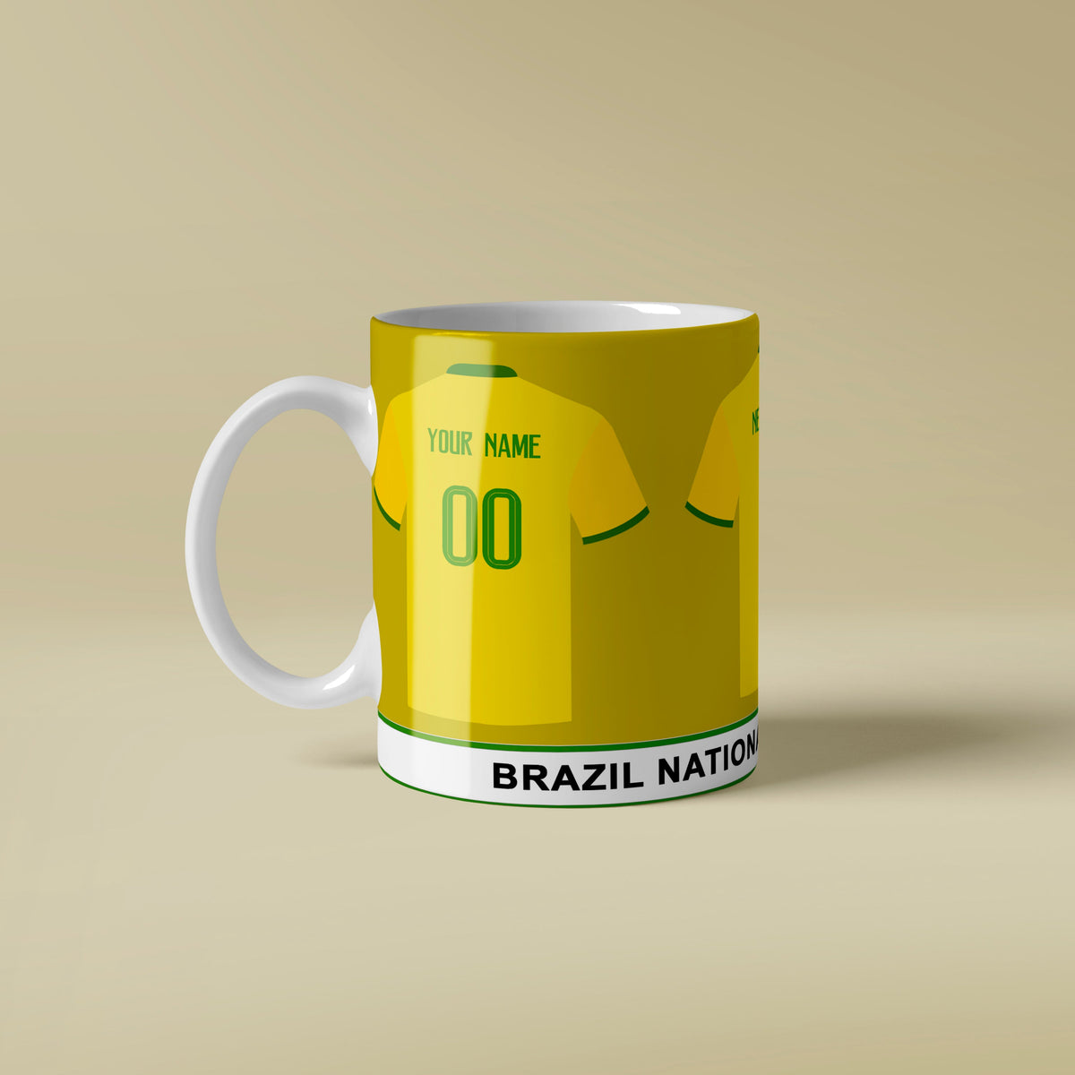 Mug with a design of a Brazil national team soccer jersey on a beige background