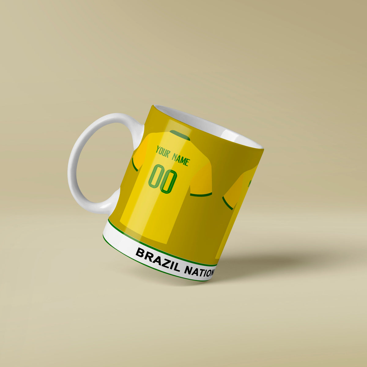 Mug designed like a Brazil national team jersey on a beige background