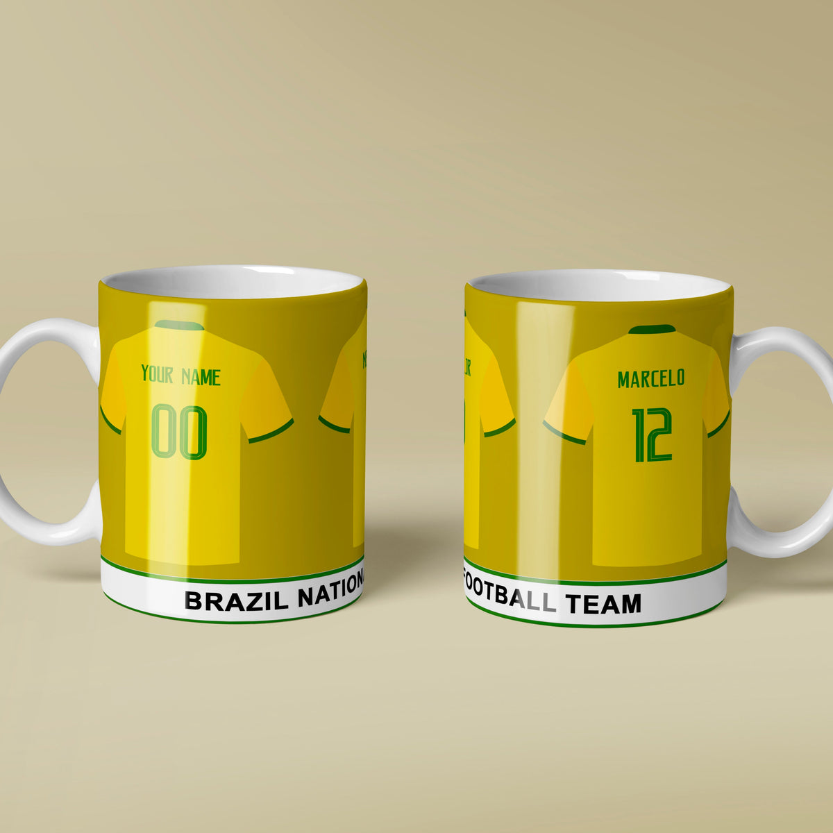 Two mugs with soccer jersey designs on a beige background