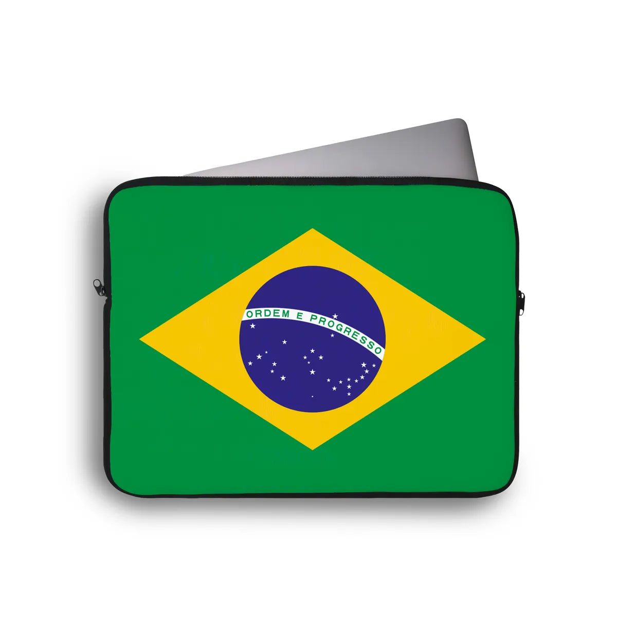 Laptop sleeve with Brazilian flag design on a white background
