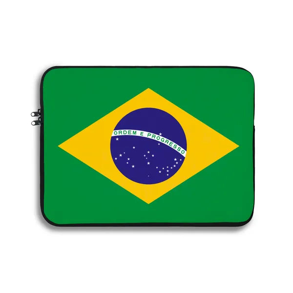 Laptop sleeve with Brazilian flag design on a white background