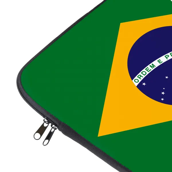 Laptop sleeve with Brazilian flag design on a white background