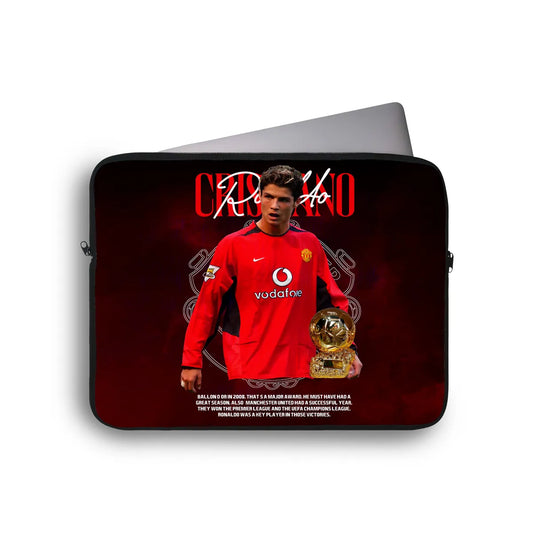 Laptop sleeve with a soccer player in a red jersey on a dark background