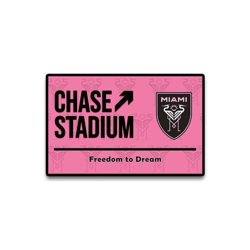 Pink sign with 'Chase Stadium' and 'Miami' text on a white background