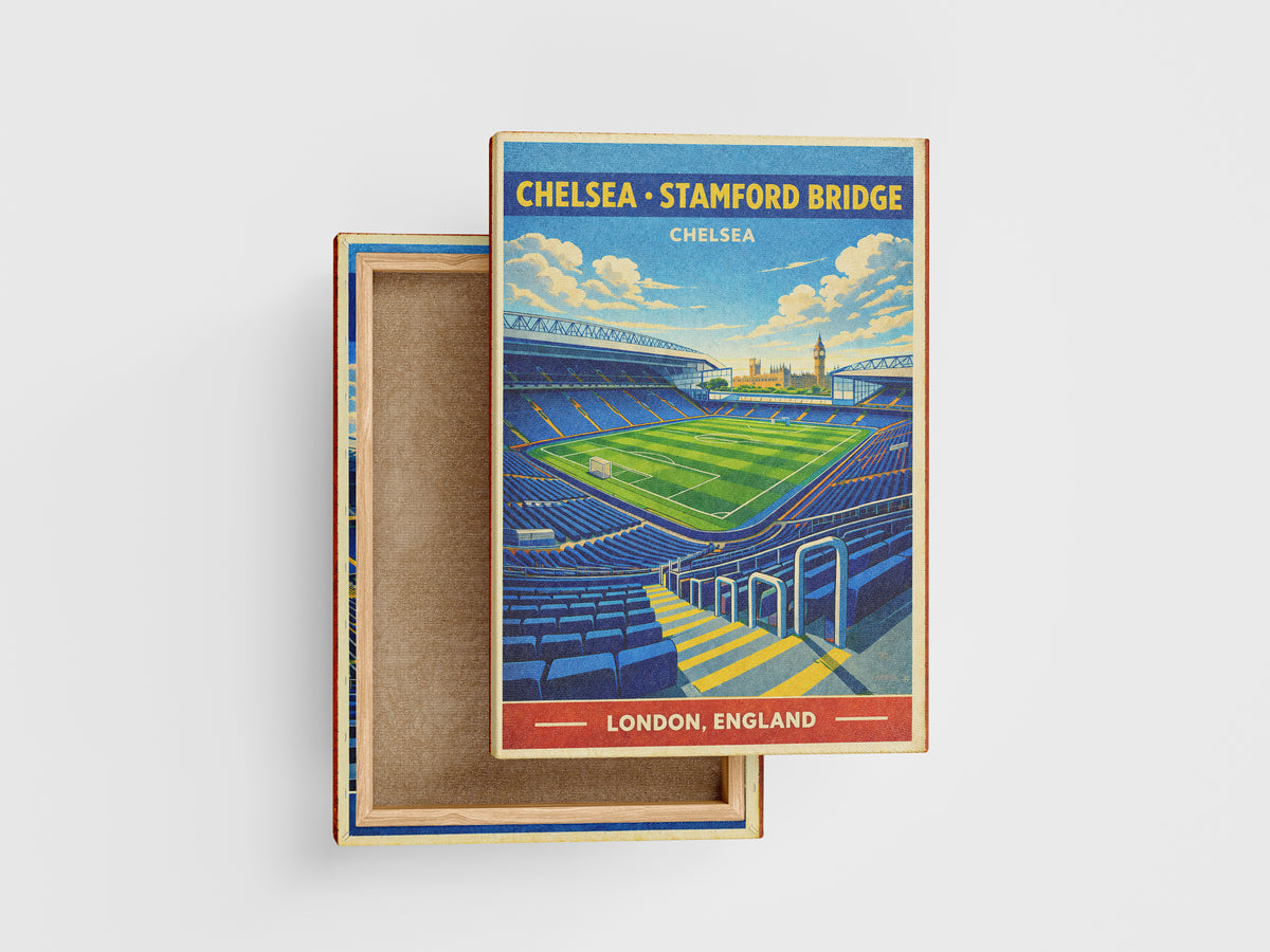 Stadium-themed box with a colorful illustration of Stamford Bridge stadium on a white background