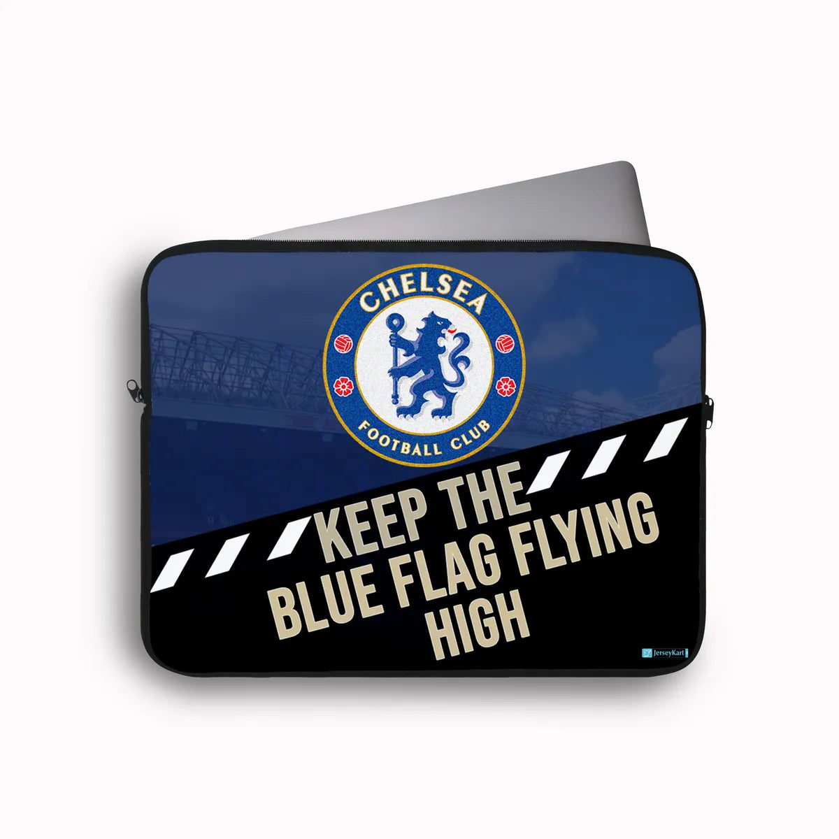 Laptop sleeve with Chelsea Football Club logo and text on a white background